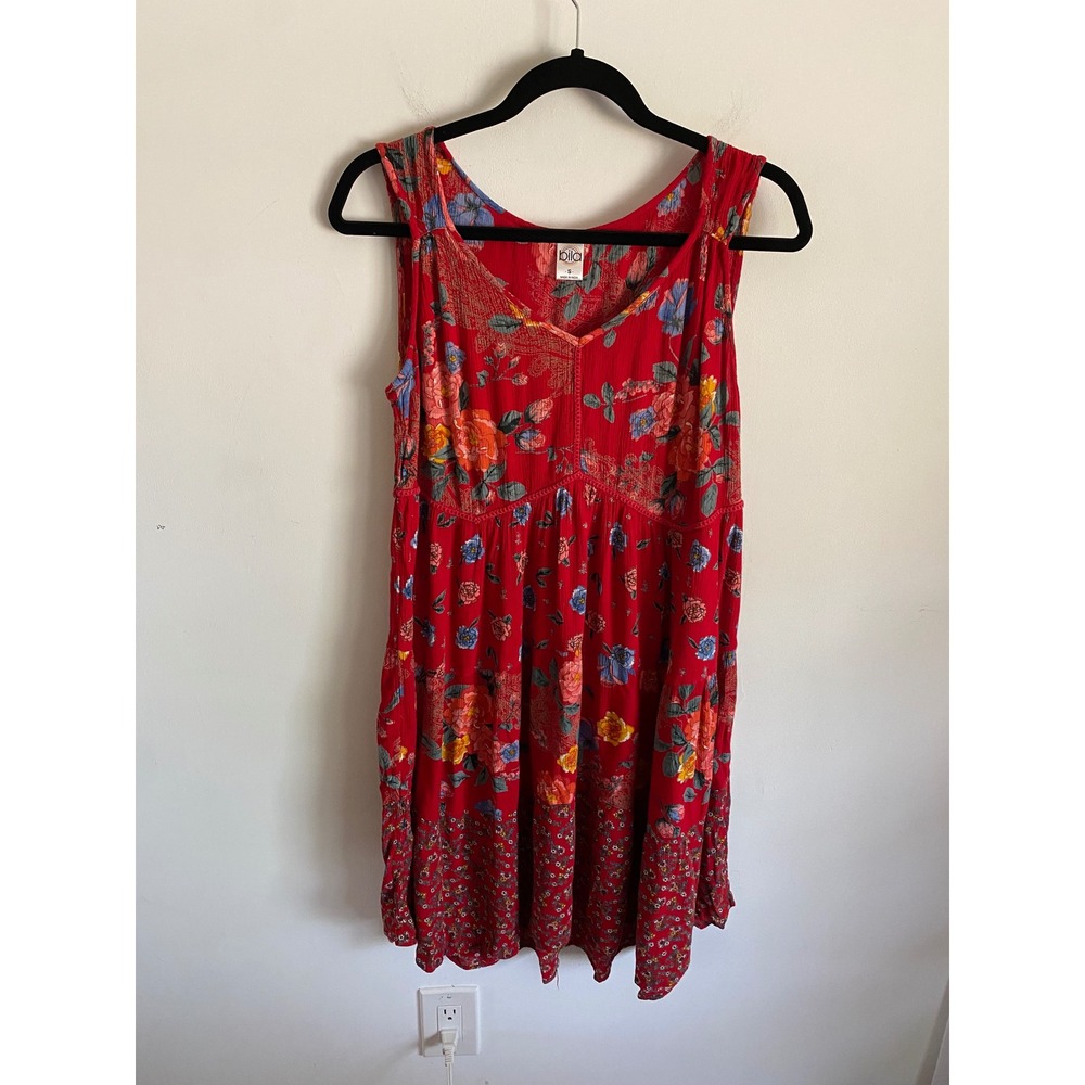 Bila Red Floral Sleeveless Mini Dress Boho Tiered Crochet Trim V-Neck‎ Small
